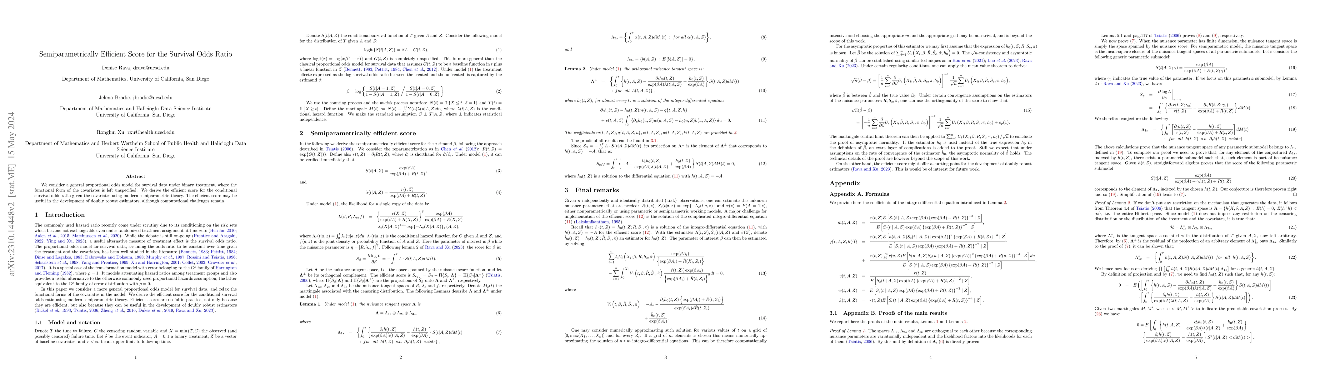 Thumbnail for Semiparametrically Efficient Score for the Survival Odds Ratio