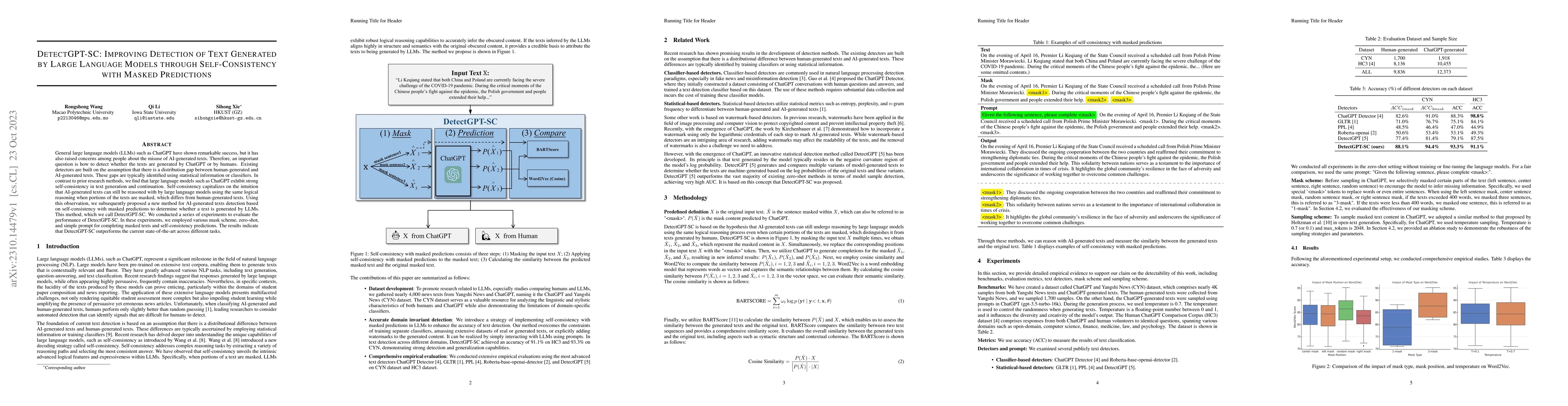 Thumbnail for DetectGPT-SC: Improving Detection of Text Generated by Large Language
  Models through Self-Consistency with Masked Predictions