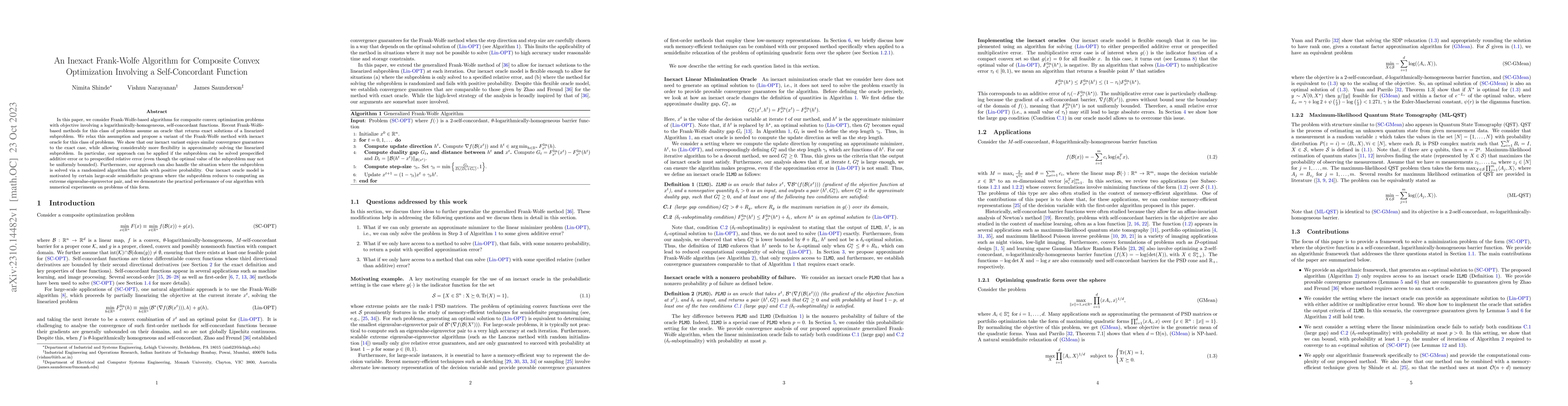 Thumbnail for An Inexact Frank-Wolfe Algorithm for Composite Convex Optimization
  Involving a Self-Concordant Function