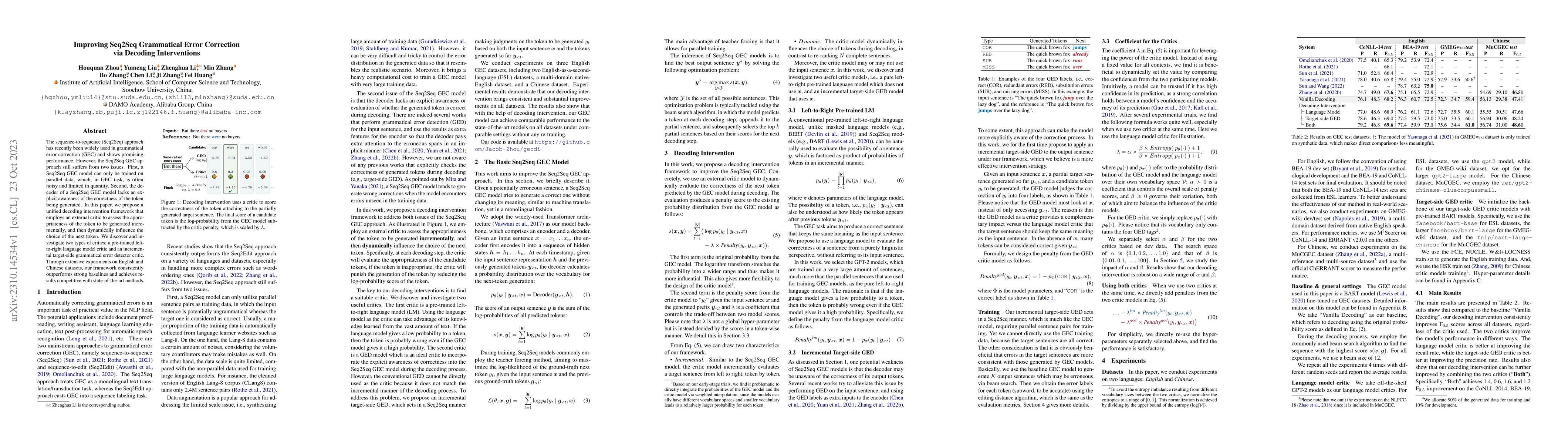 Thumbnail for Improving Seq2Seq Grammatical Error Correction via Decoding
  Interventions
