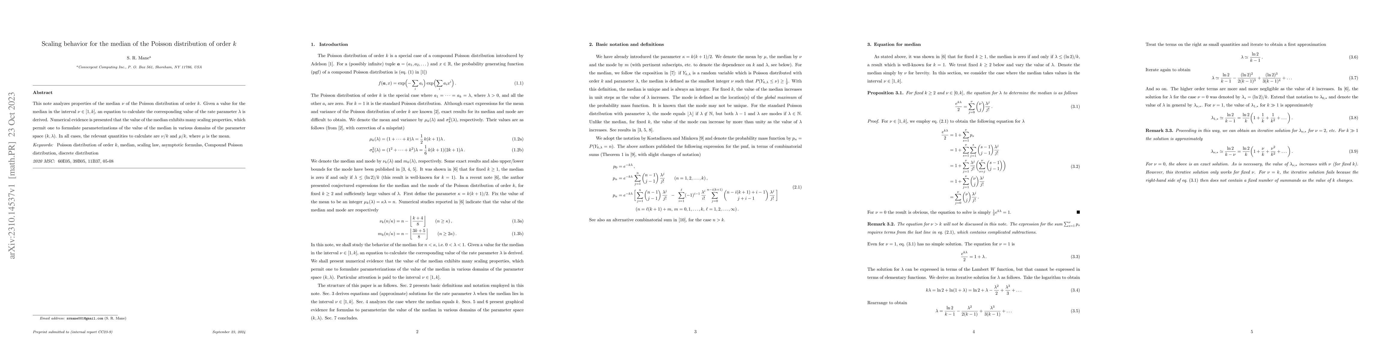 Thumbnail for Scaling behavior for the median of the Poisson distribution of order $k$