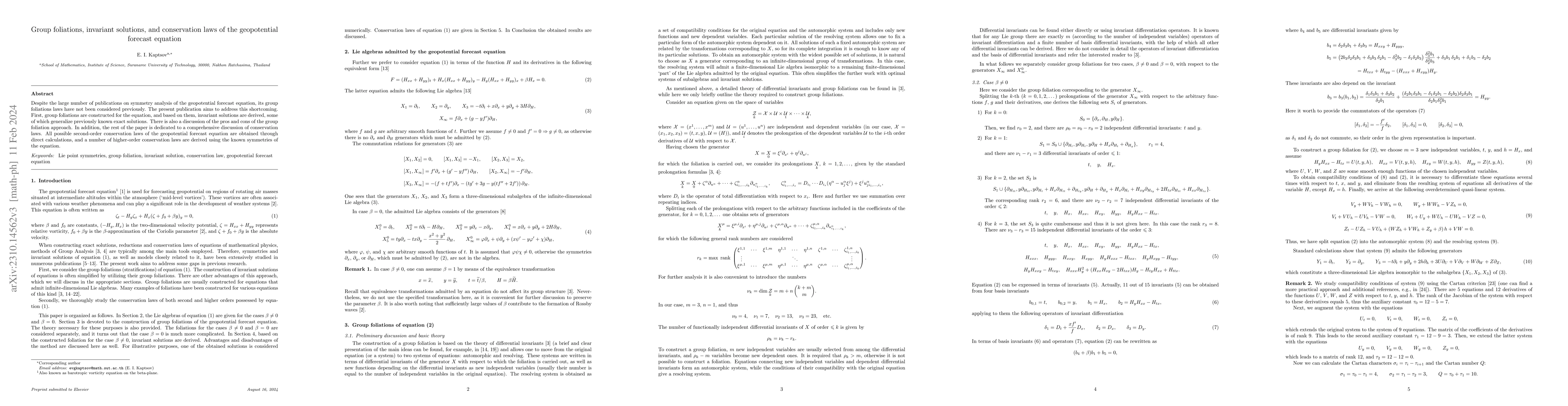 Thumbnail for Group foliations, invariant solutions, and conservation laws of the
  geopotential forecast equation