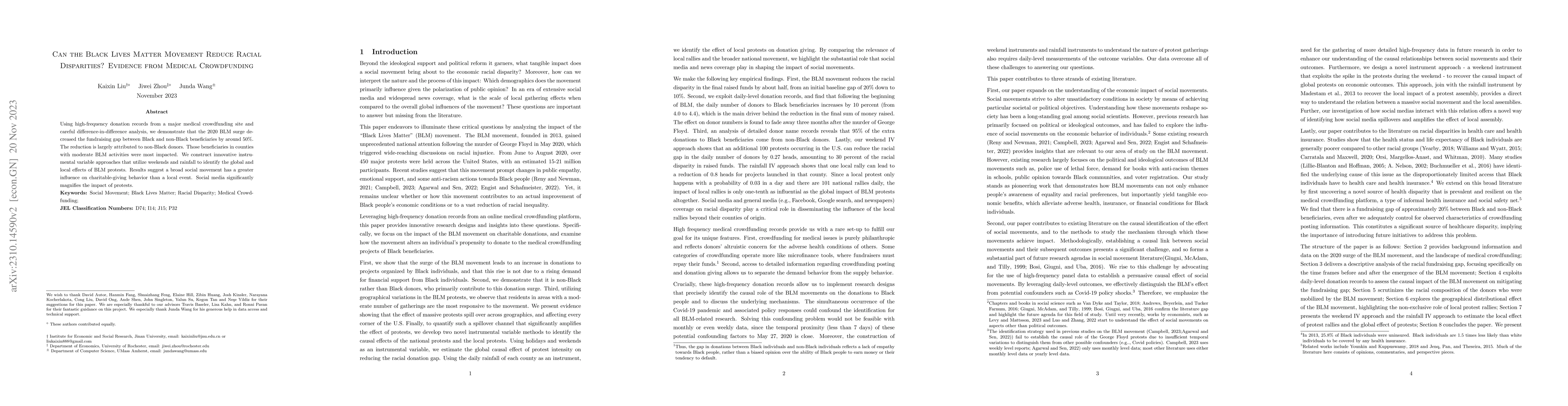 Thumbnail for Can the Black Lives Matter Movement Reduce Racial Disparities? Evidence
  from Medical Crowdfunding