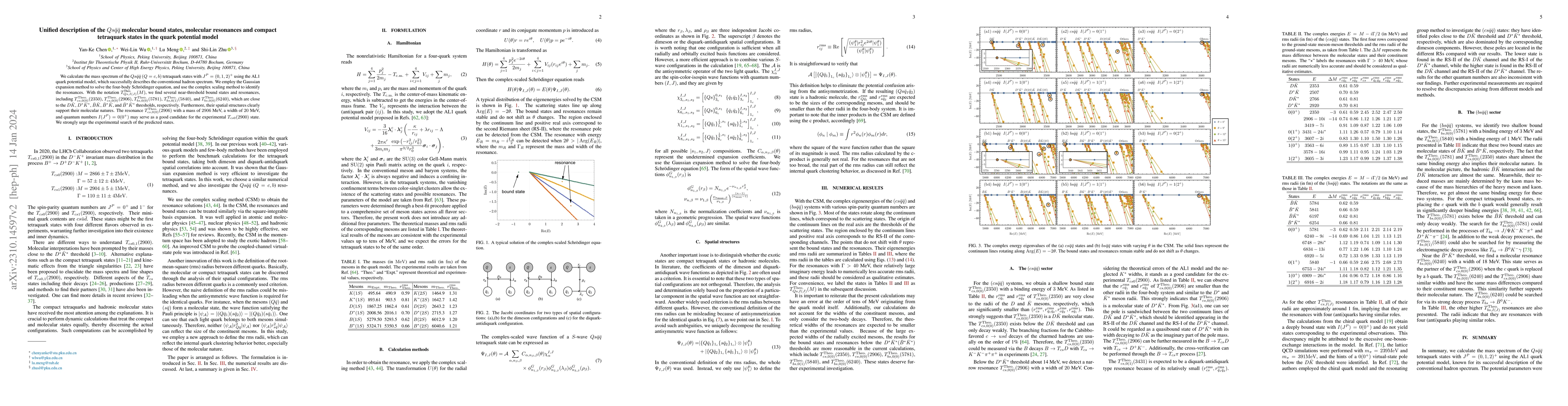 Thumbnail for Unified description of the $Qs \bar q \bar q$ molecular bound states,
  molecular resonances and compact tetraquark states in the quark potential
  model