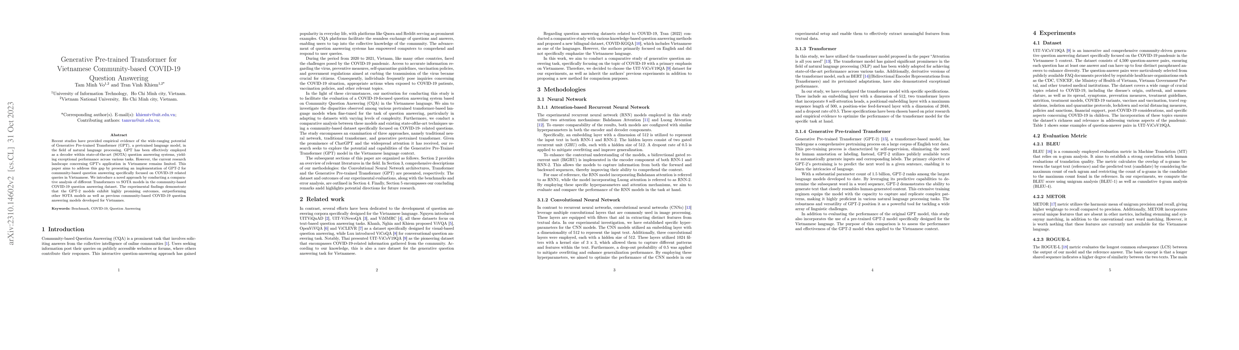 Thumbnail for Generative Pre-trained Transformer for Vietnamese Community-based
  COVID-19 Question Answering