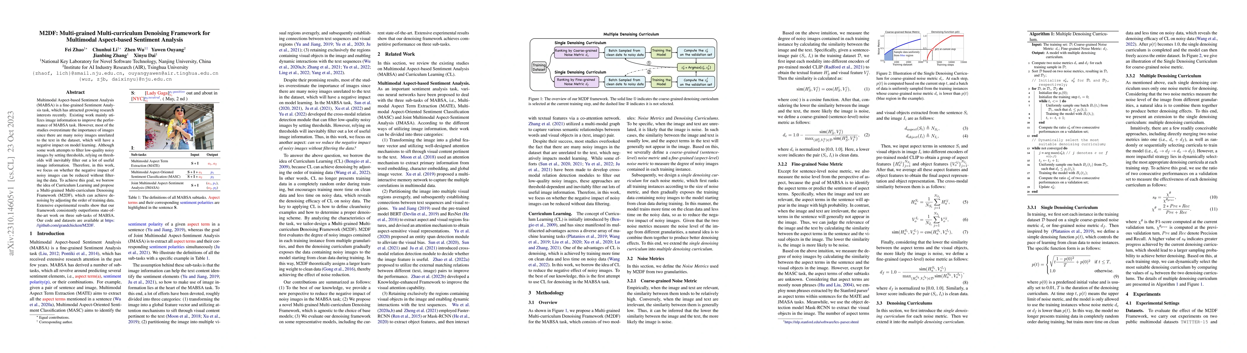 Thumbnail for M2DF: Multi-grained Multi-curriculum Denoising Framework for Multimodal
  Aspect-based Sentiment Analysis