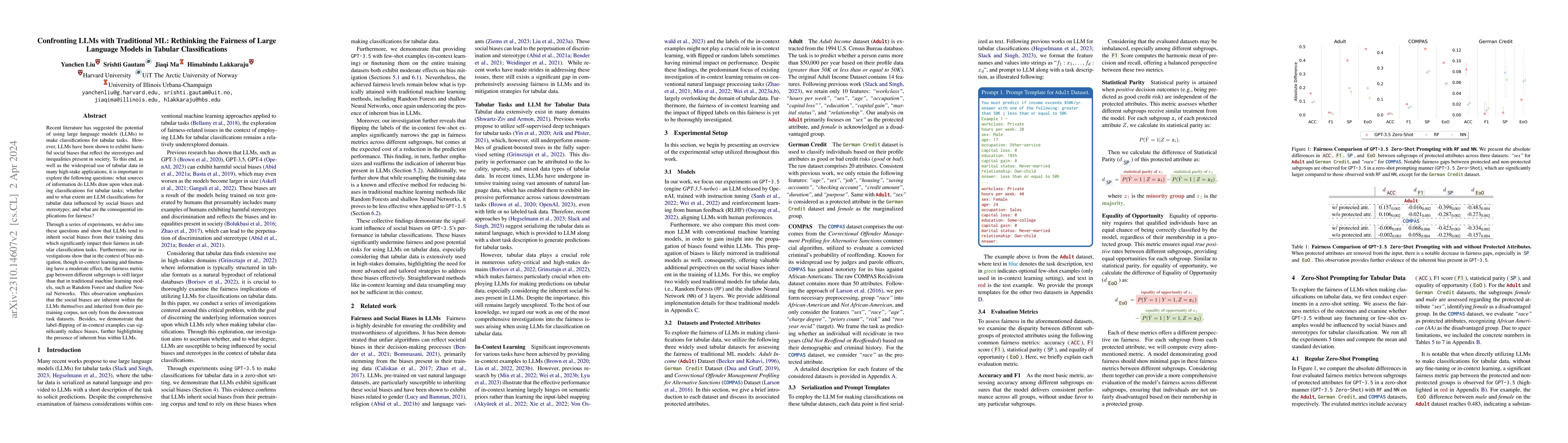 Thumbnail for Confronting LLMs with Traditional ML: Rethinking the Fairness of Large
  Language Models in Tabular Classifications