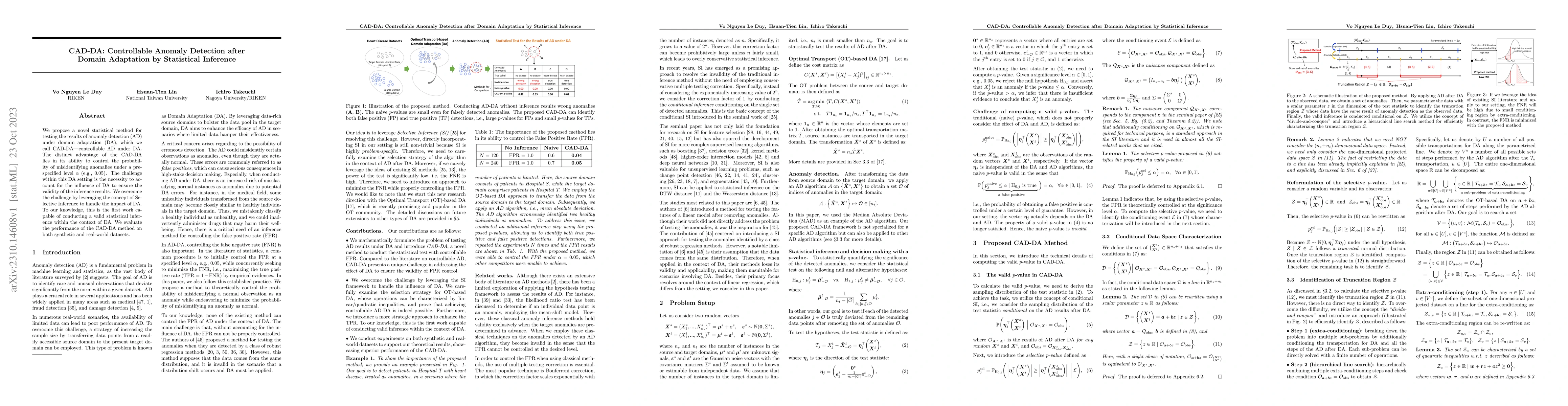 Thumbnail for CAD-DA: Controllable Anomaly Detection after Domain Adaptation by
  Statistical Inference