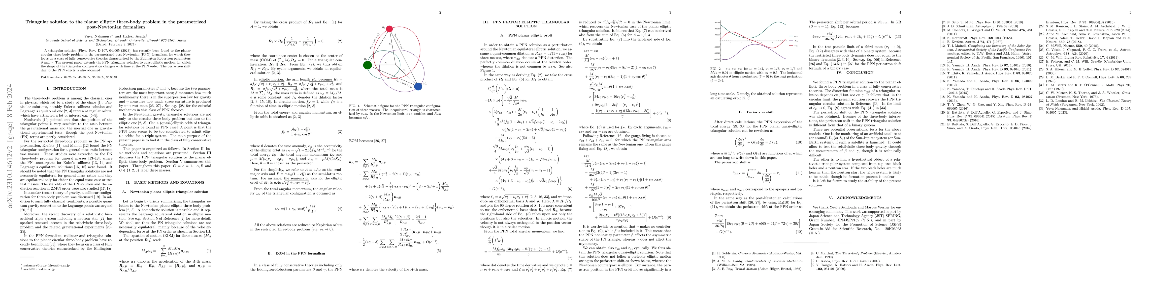 Thumbnail for Triangular solution to the planar elliptic three-body problem in the
  parametrized post-Newtonian formalism
