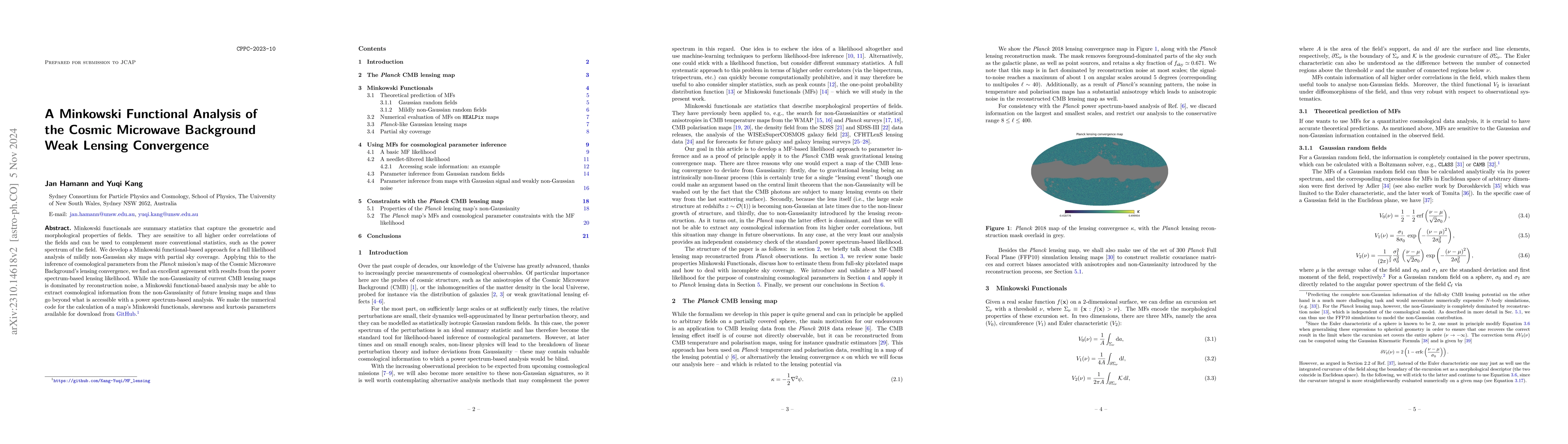 Thumbnail for A Minkowski Functional Analysis of the Cosmic Microwave Background Weak
  Lensing Convergence