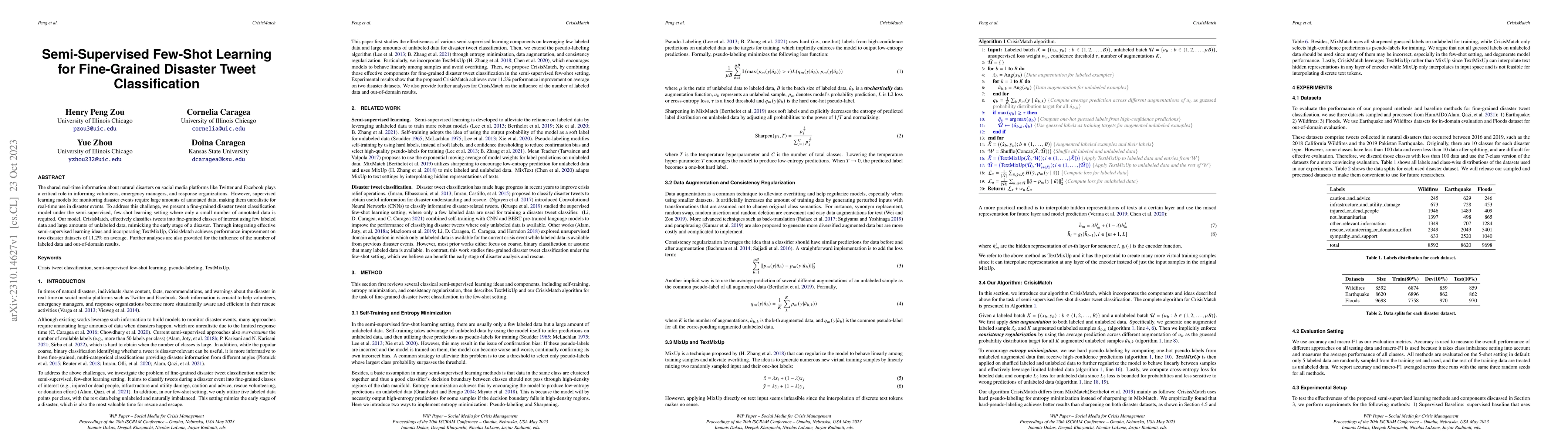 Thumbnail for CrisisMatch: Semi-Supervised Few-Shot Learning for Fine-Grained Disaster
  Tweet Classification
