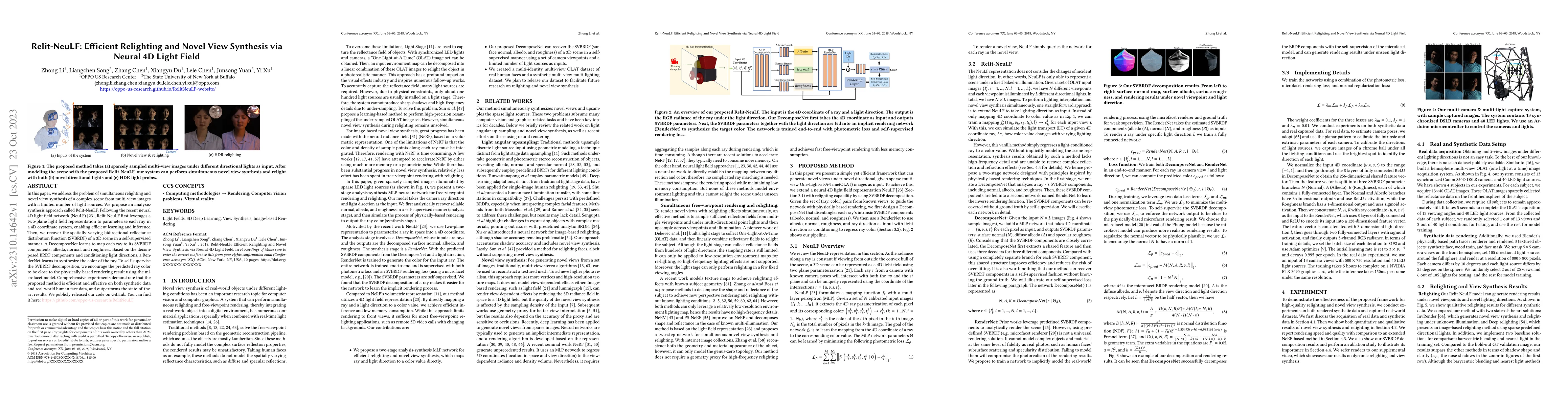 Thumbnail for Relit-NeuLF: Efficient Relighting and Novel View Synthesis via Neural 4D
  Light Field