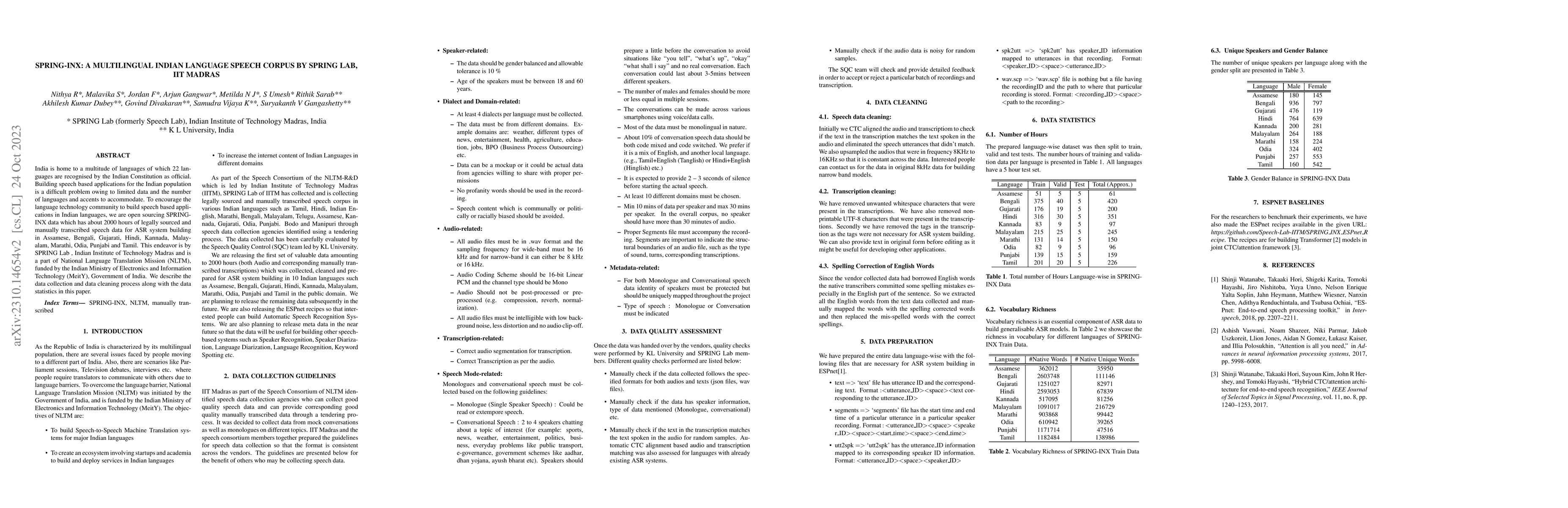 Thumbnail for SPRING-INX: A Multilingual Indian Language Speech Corpus by SPRING Lab,
  IIT Madras