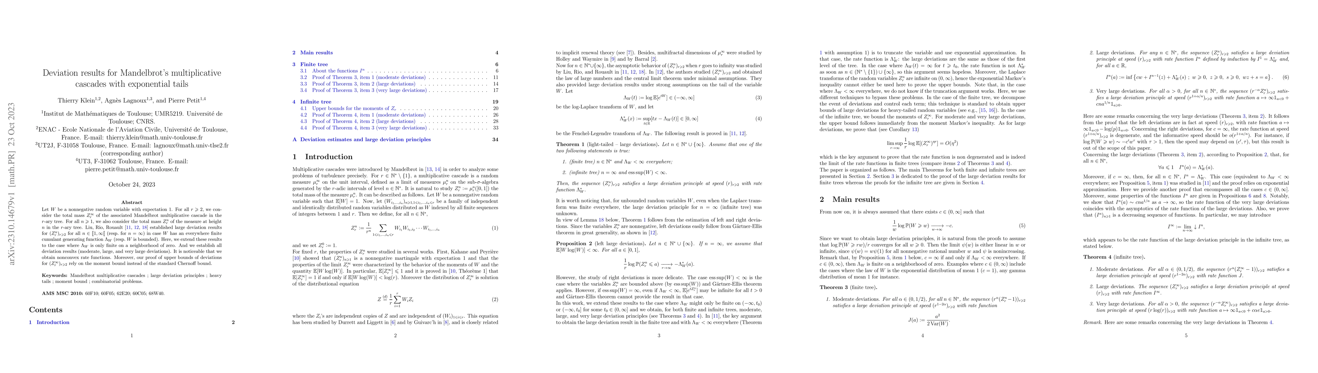 Thumbnail for Deviation results for Mandelbrot's multiplicative cascades with
  exponential tails