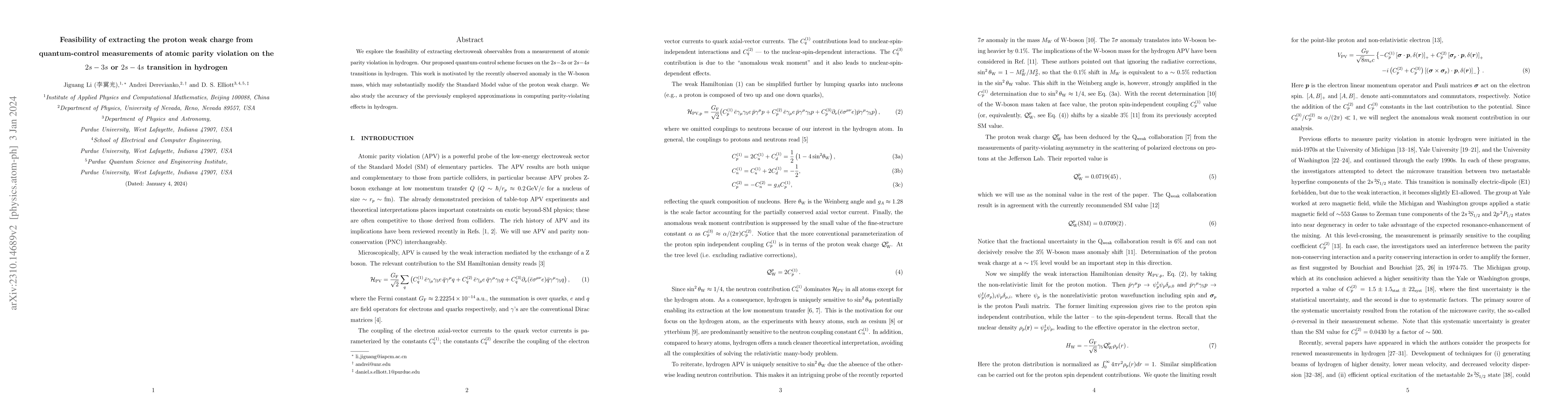 Thumbnail for Feasibility of extracting the proton weak charge from quantum-control
  measurements of atomic parity violation on the $2s-3s$ or $2s-4s$ transition
  in hydrogen