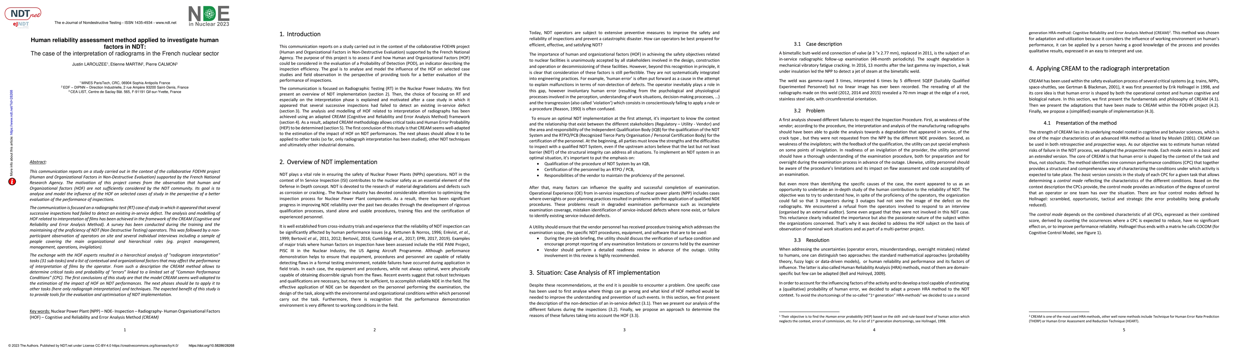 Thumbnail for Human Reliability Assessment method applied to investigate human factors
  in NDT -- The case of the interpretation of radiograms in the French nuclear
  sector