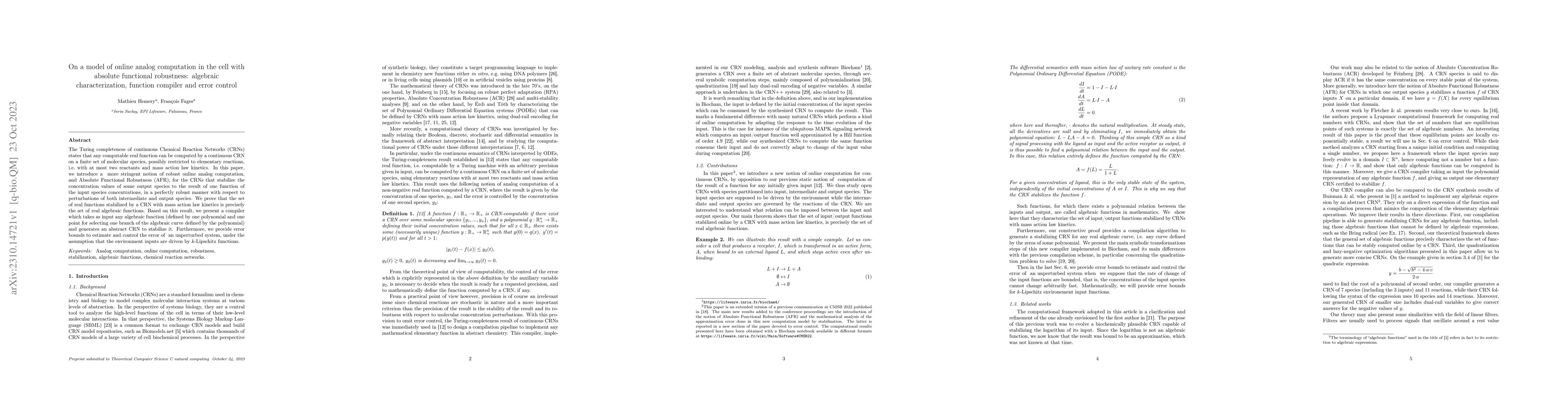 Thumbnail for On a model of online analog computation in the cell with absolute
  functional robustness: algebraic characterization, function compiler and
  error control