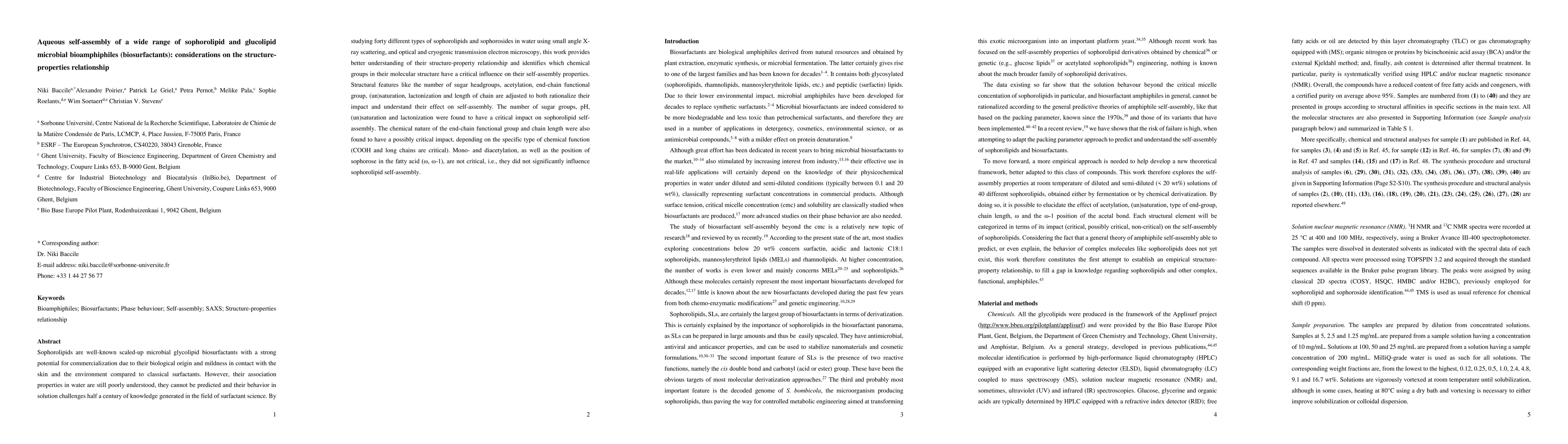 Thumbnail for Aqueous self-assembly of a wide range of sophorolipid and glucolipid
  microbial bioamphiphiles (biosurfactants): considerations on the
  structure-properties relationship