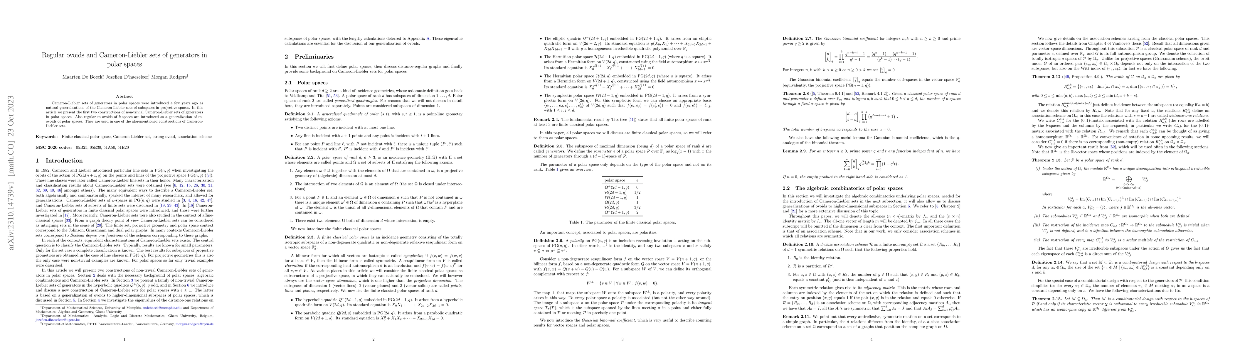 Thumbnail for Regular ovoids and Cameron-Liebler sets of generators in polar spaces