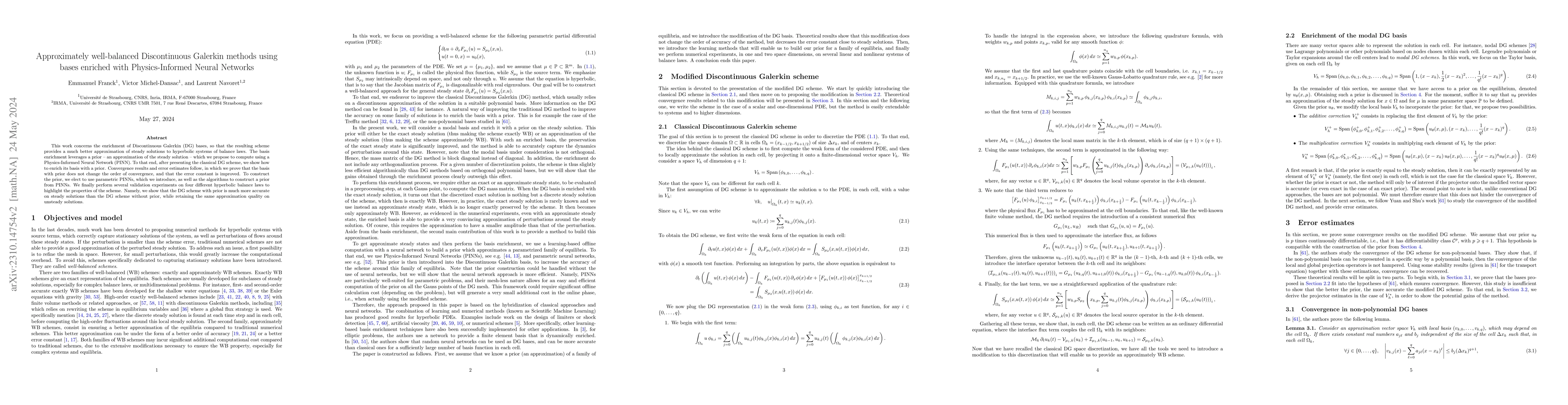 Thumbnail for Approximately well-balanced Discontinuous Galerkin methods using bases
  enriched with Physics-Informed Neural Networks