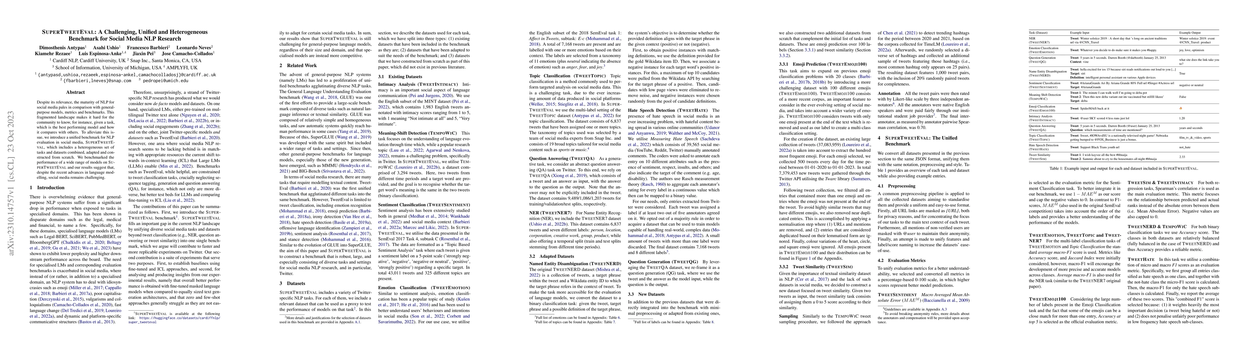 Thumbnail for SuperTweetEval: A Challenging, Unified and Heterogeneous Benchmark for
  Social Media NLP Research