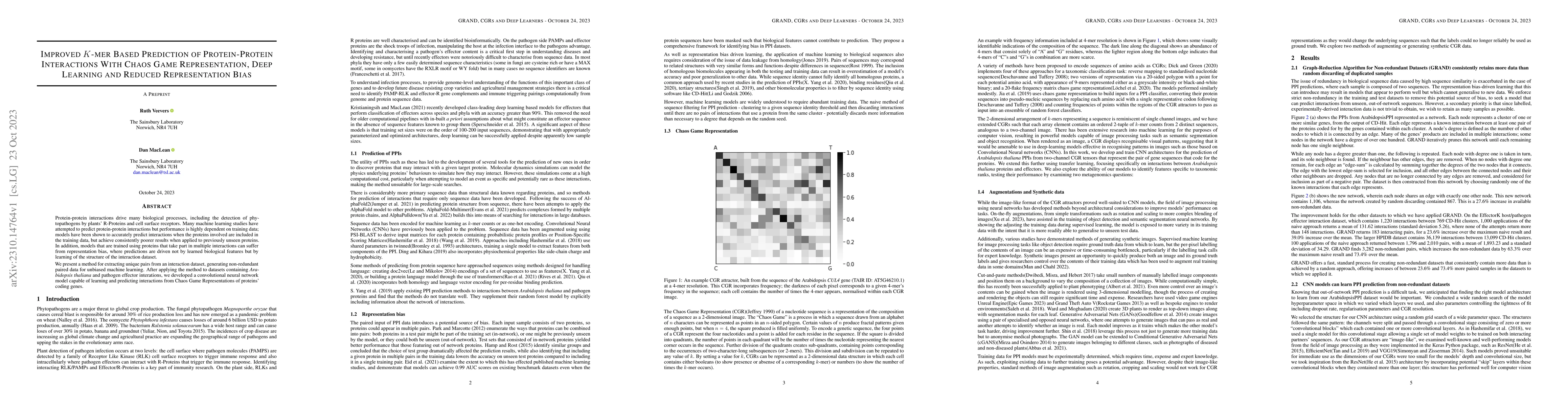 Thumbnail for Improved K-mer Based Prediction of Protein-Protein Interactions With
  Chaos Game Representation, Deep Learning and Reduced Representation Bias