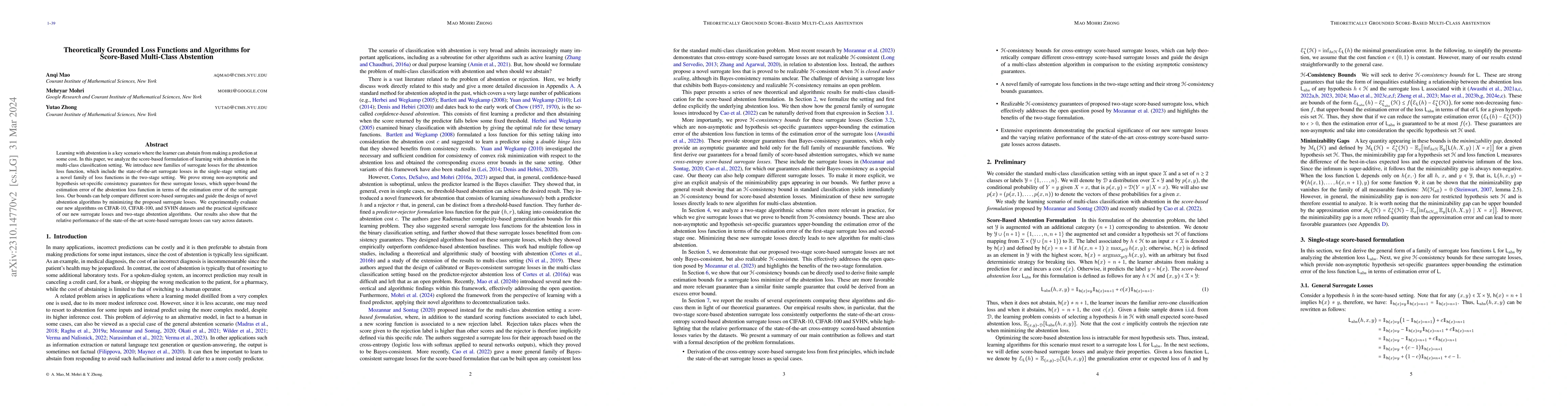 Thumbnail for Theoretically Grounded Loss Functions and Algorithms for Score-Based
  Multi-Class Abstention