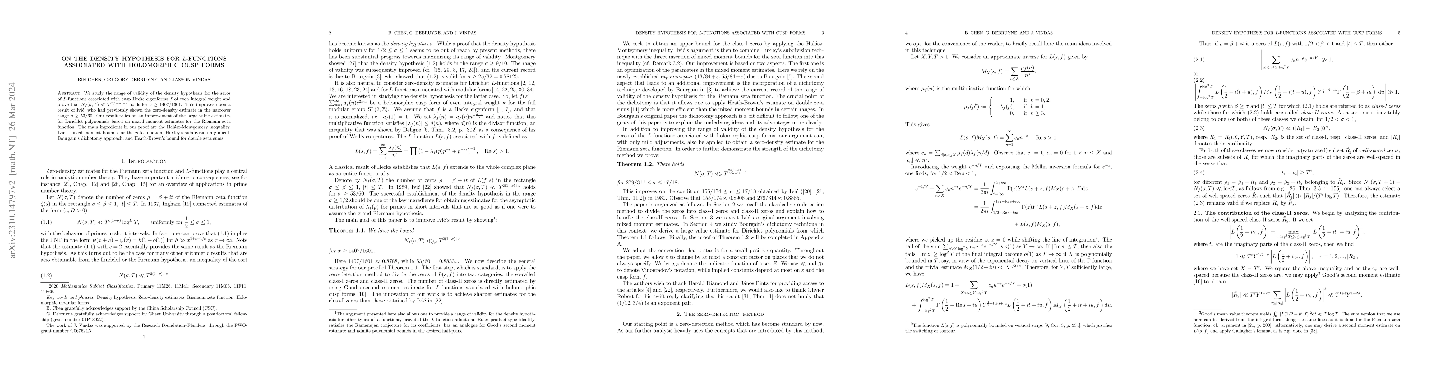 Thumbnail for On the density hypothesis for $L$-functions associated with holomorphic
  cusp forms