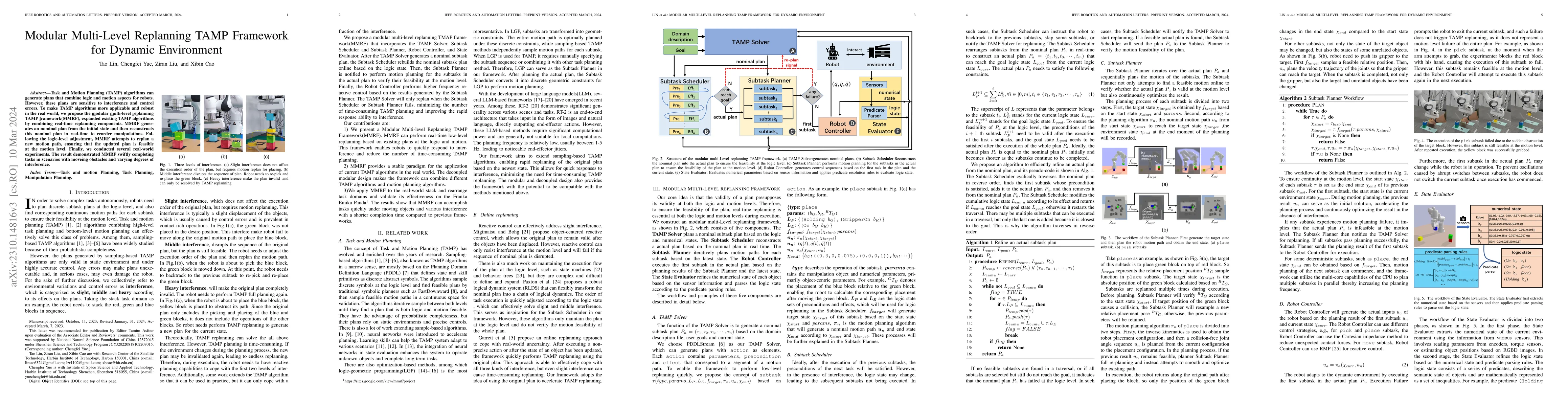 Thumbnail for Modular Multi-Level Replanning TAMP Framework for Dynamic Environment