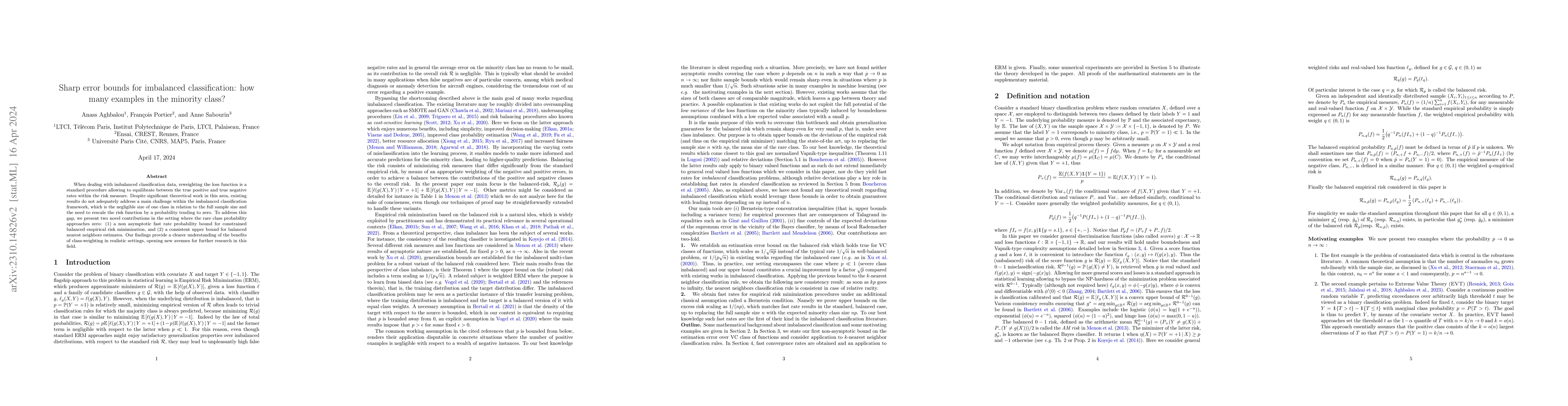 Thumbnail for Sharp error bounds for imbalanced classification: how many examples in
  the minority class?