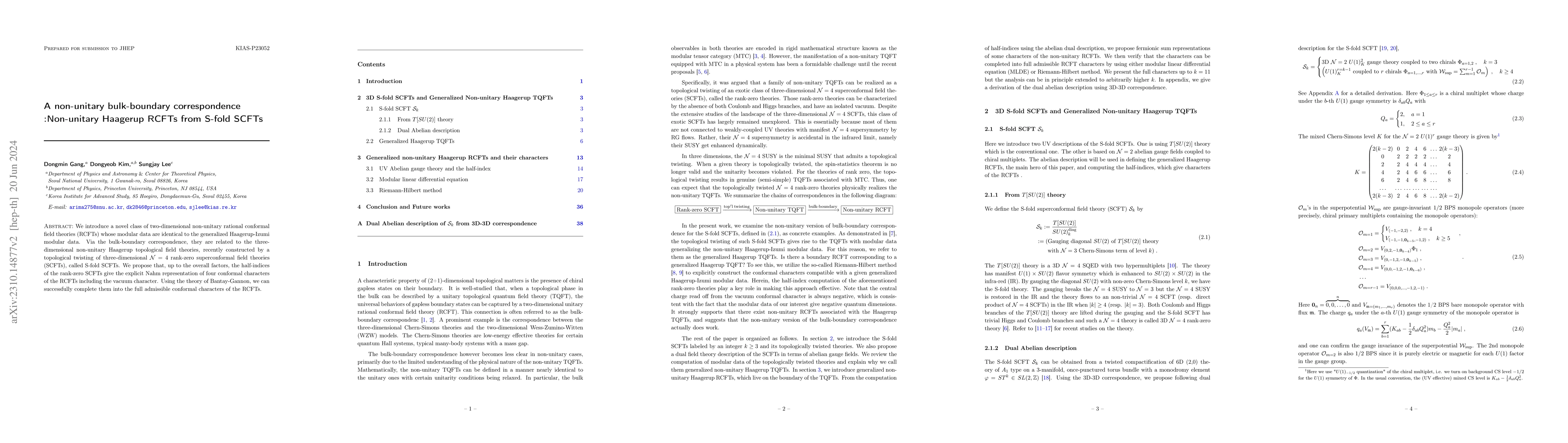 Thumbnail for A non-unitary bulk-boundary correspondence: Non-unitary Haagerup RCFTs
  from S-fold SCFTs