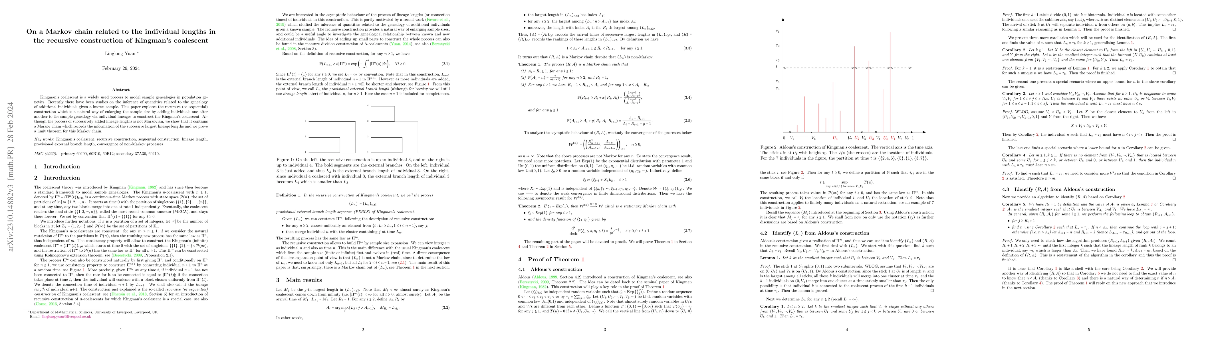 Thumbnail for On a Markov chain related to the individual lengths in the recursive
  construction of Kingman's coalescent