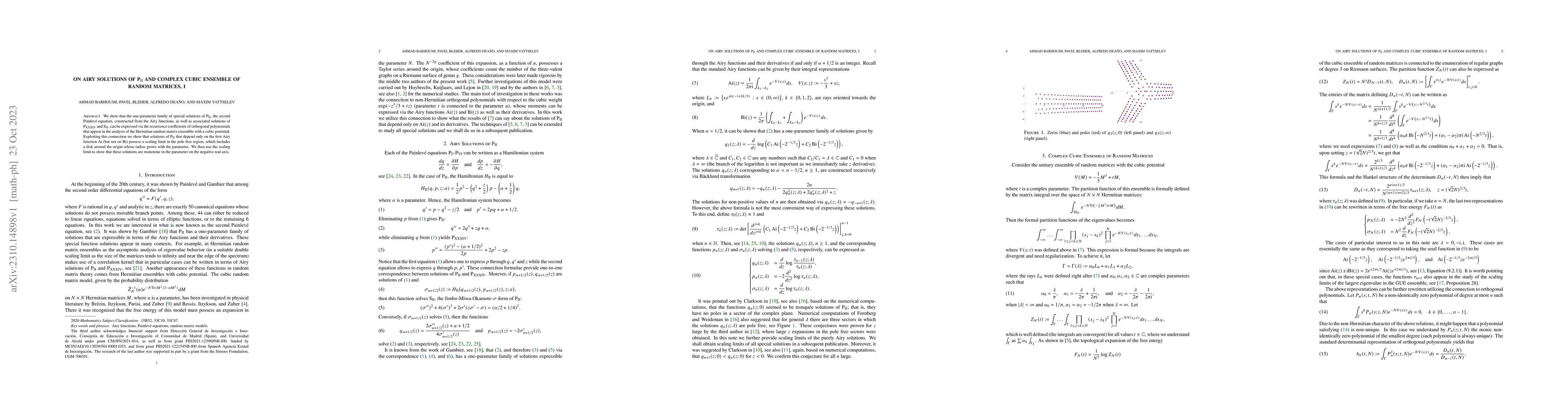 Thumbnail for On Airy Solutions of P$_\mathrm{II}$ and Complex Cubic Ensemble of
  Random Matrices, I