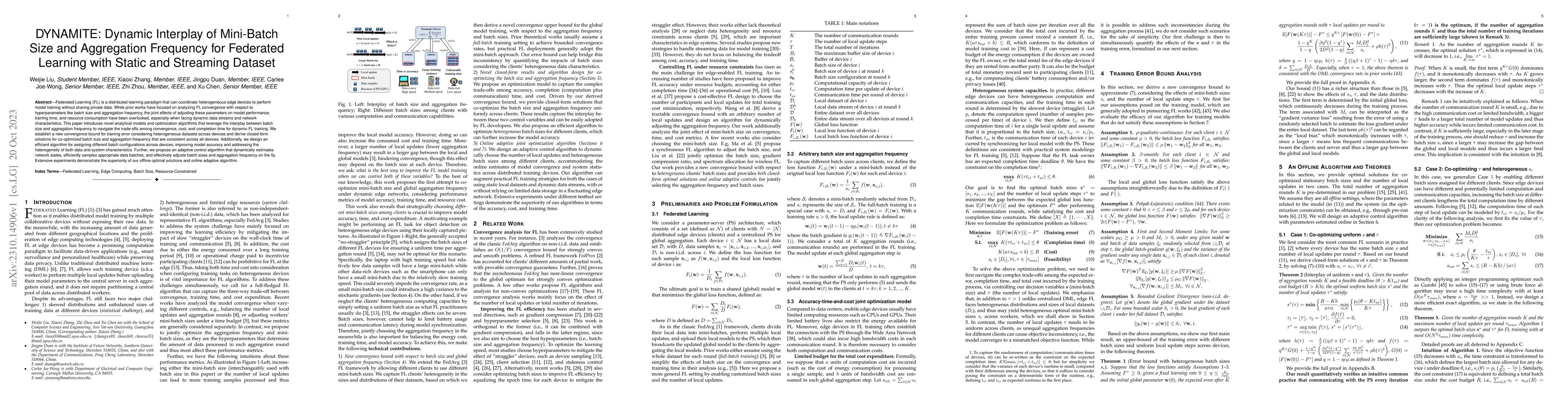Thumbnail for DYNAMITE: Dynamic Interplay of Mini-Batch Size and Aggregation Frequency
  for Federated Learning with Static and Streaming Dataset