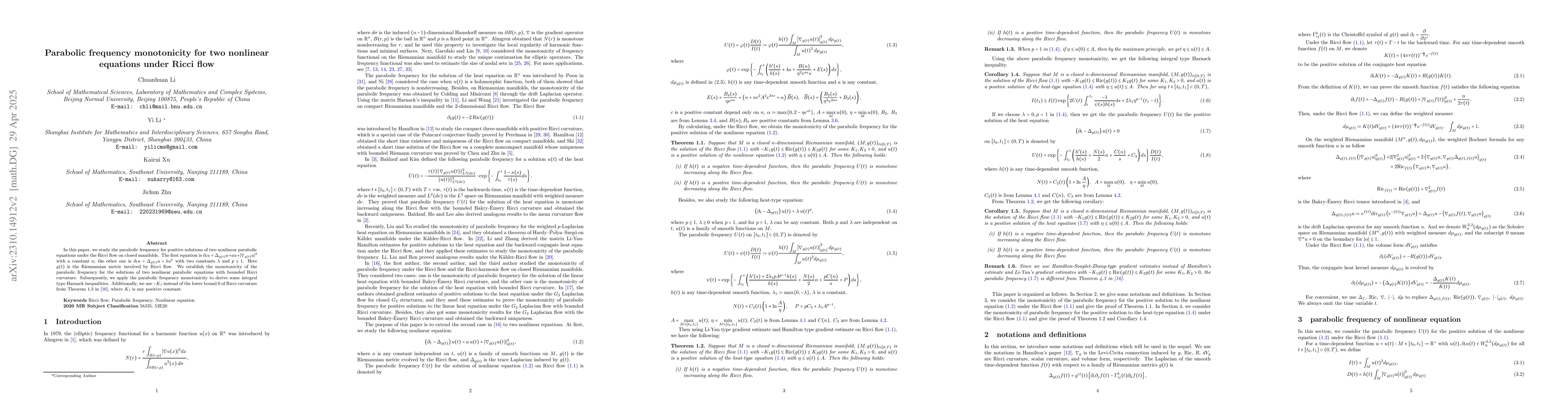 Thumbnail for Parabolic frequency monotonicity for two nonlinear equations under Ricci
  flow