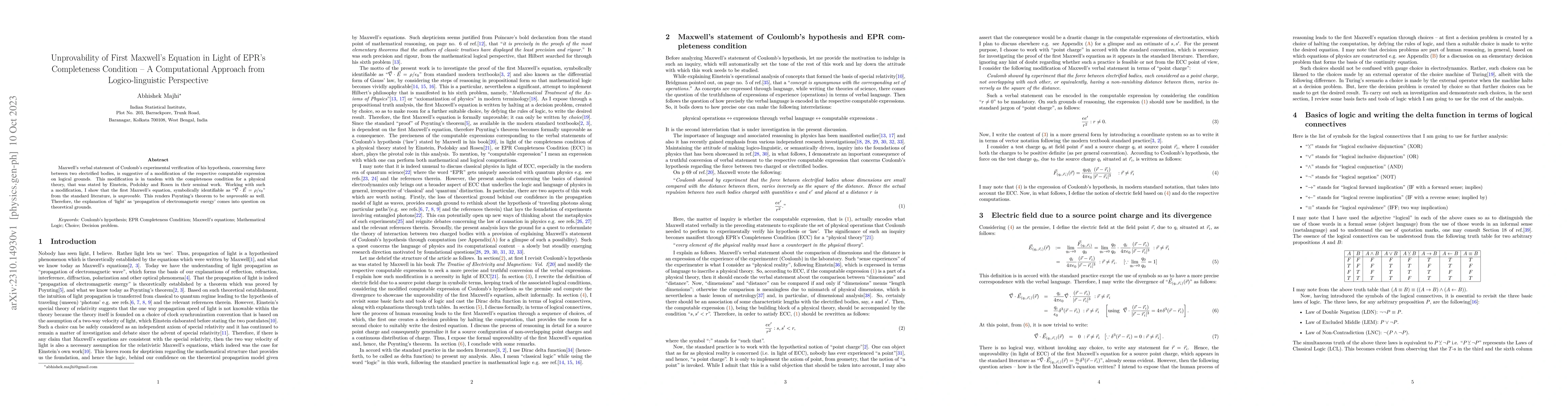 Thumbnail for Unprovability of First Maxwell's Equation in Light of EPR's Completeness
  Condition -- A Computational Approach from Logico-linguistic Perspective