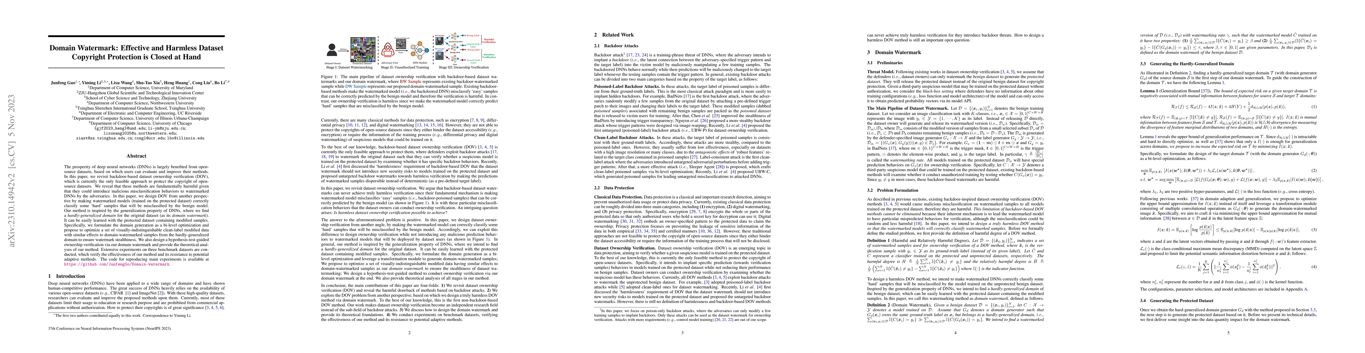 Thumbnail for Domain Watermark: Effective and Harmless Dataset Copyright Protection is
  Closed at Hand