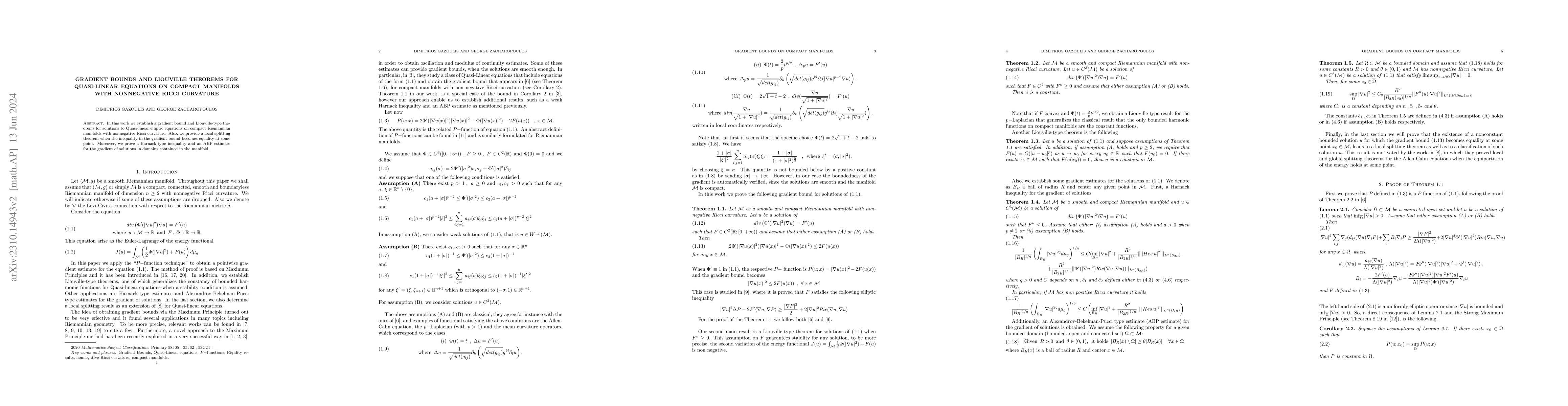 Thumbnail for Gradient Bounds and Liouville theorems for Quasi-linear equations on
  compact Manifolds with nonnegative Ricci curvature