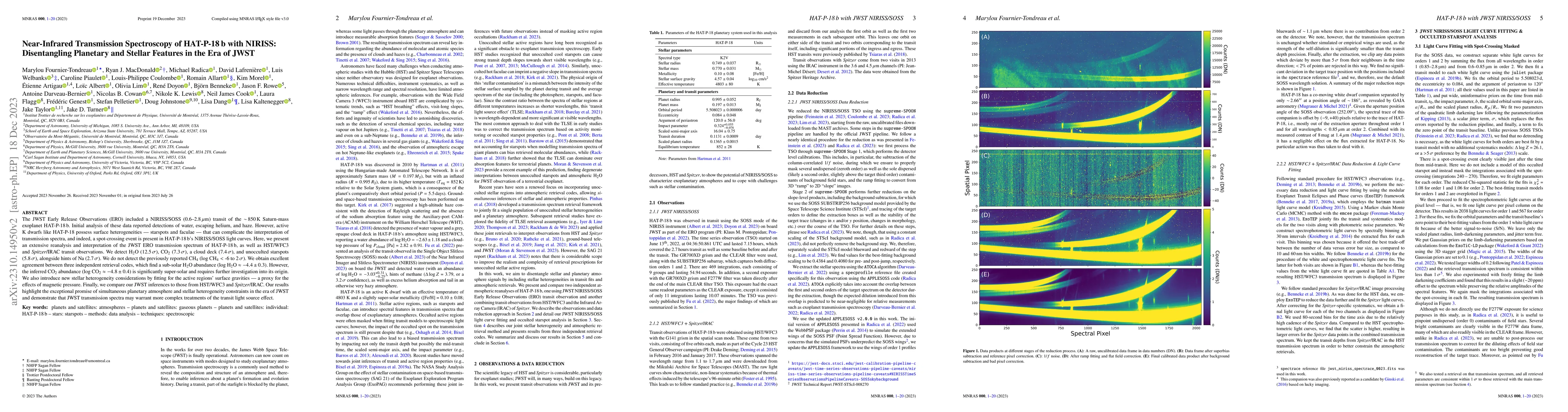 Thumbnail for Near-Infrared Transmission Spectroscopy of HAT-P-18$\,$b with NIRISS:
  Disentangling Planetary and Stellar Features in the Era of JWST