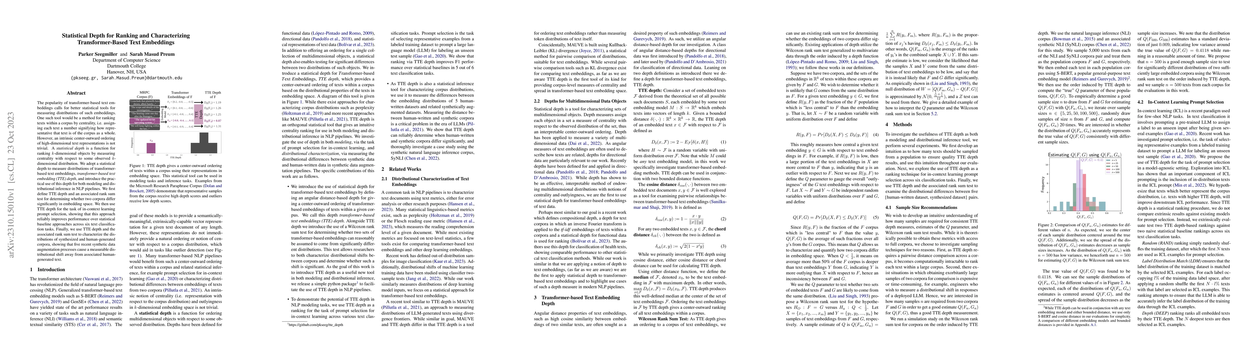 Thumbnail for Statistical Depth for Ranking and Characterizing Transformer-Based Text
  Embeddings