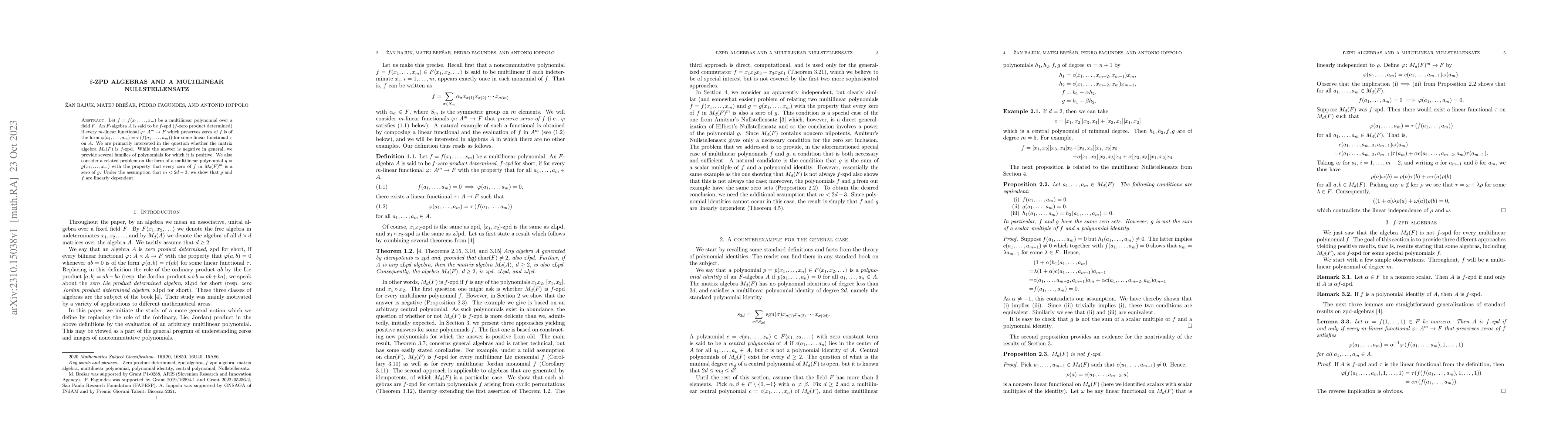 Thumbnail for f-zpd algebras and a multilinear Nullstellensatz