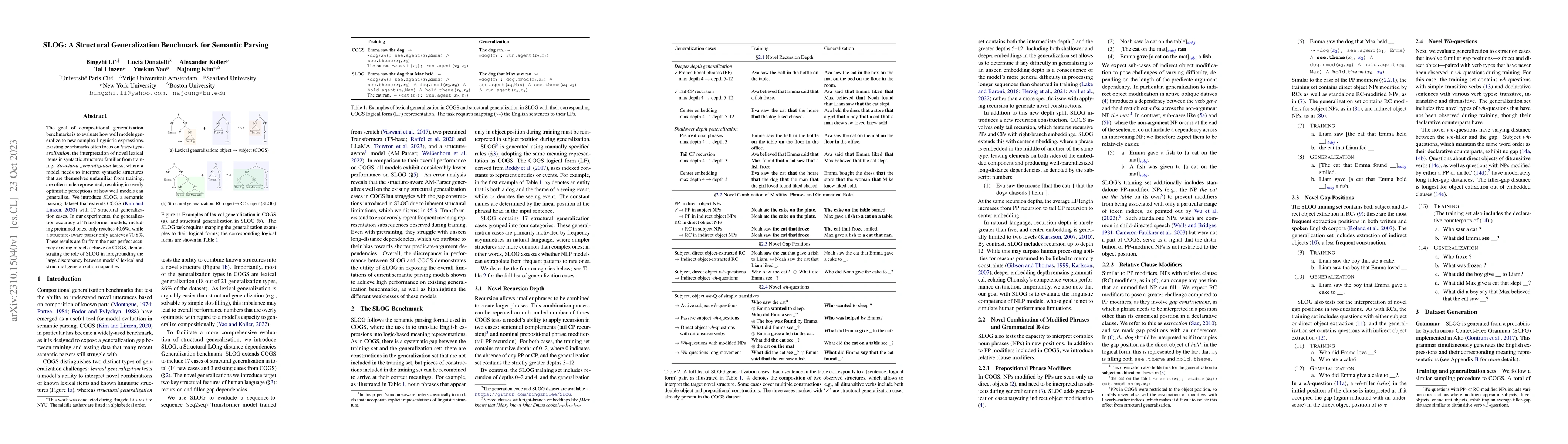 Thumbnail for SLOG: A Structural Generalization Benchmark for Semantic Parsing