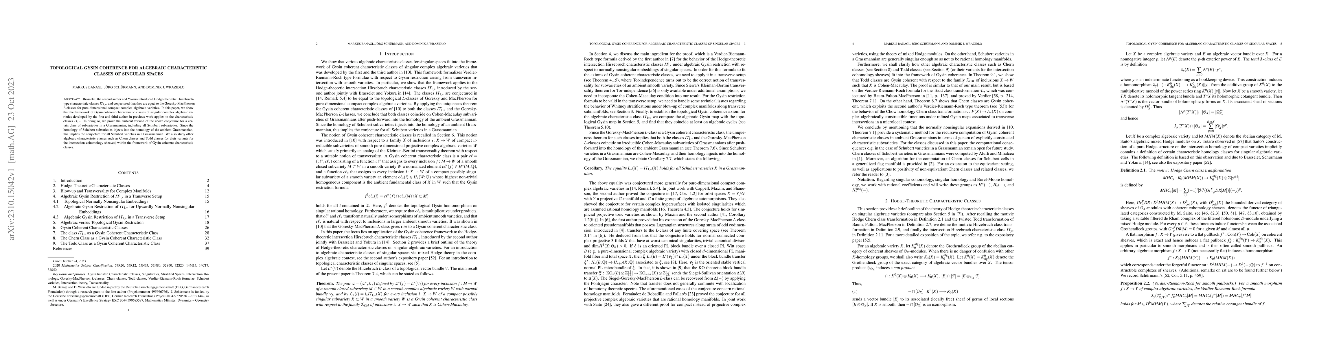 Thumbnail for Topological Gysin Coherence for Algebraic Characteristic Classes of
  Singular Spaces