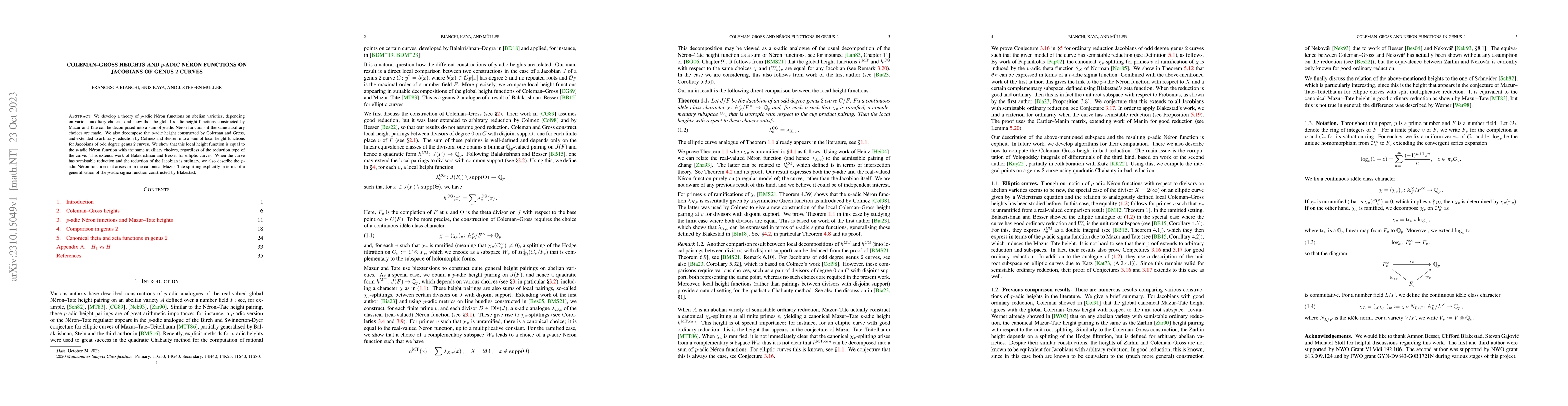 Thumbnail for Coleman-Gross Heights and $p$-adic N\'eron Functions on Jacobians of
  Genus $2$ Curves