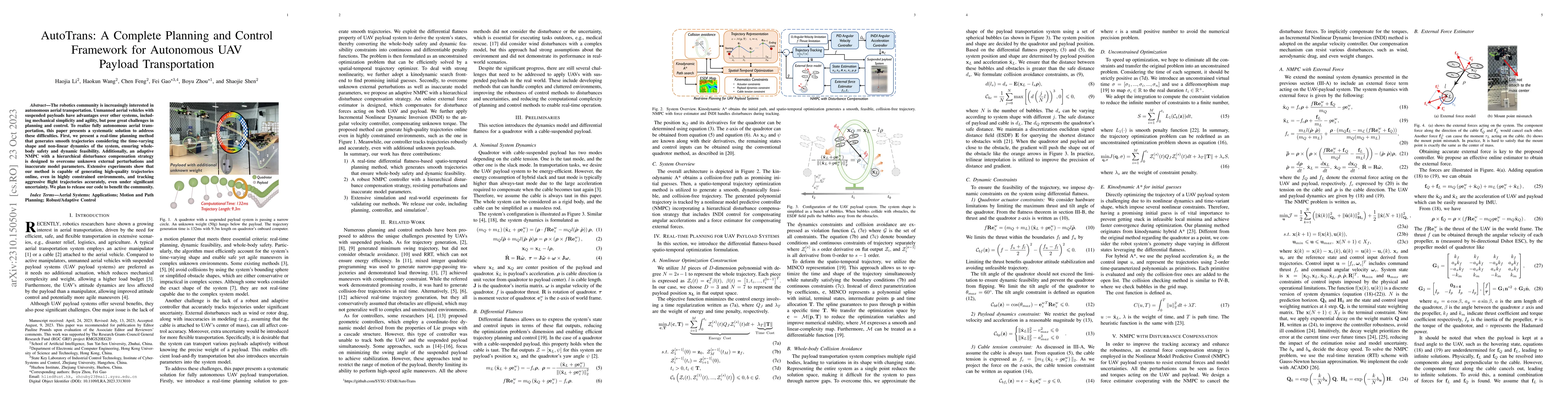 Thumbnail for AutoTrans: A Complete Planning and Control Framework for Autonomous UAV
  Payload Transportation