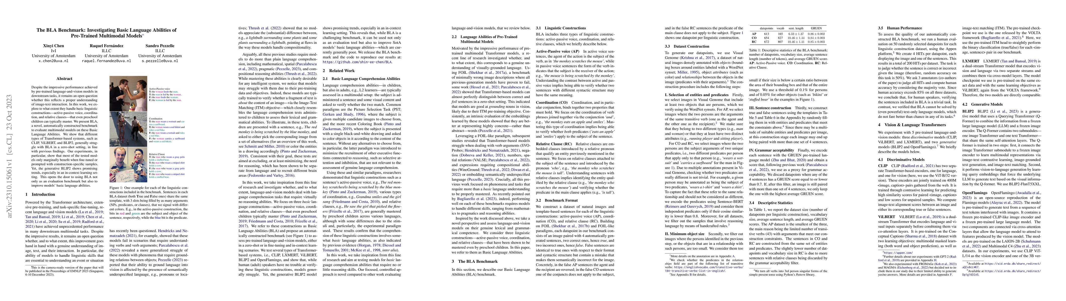 Thumbnail for The BLA Benchmark: Investigating Basic Language Abilities of Pre-Trained
  Multimodal Models