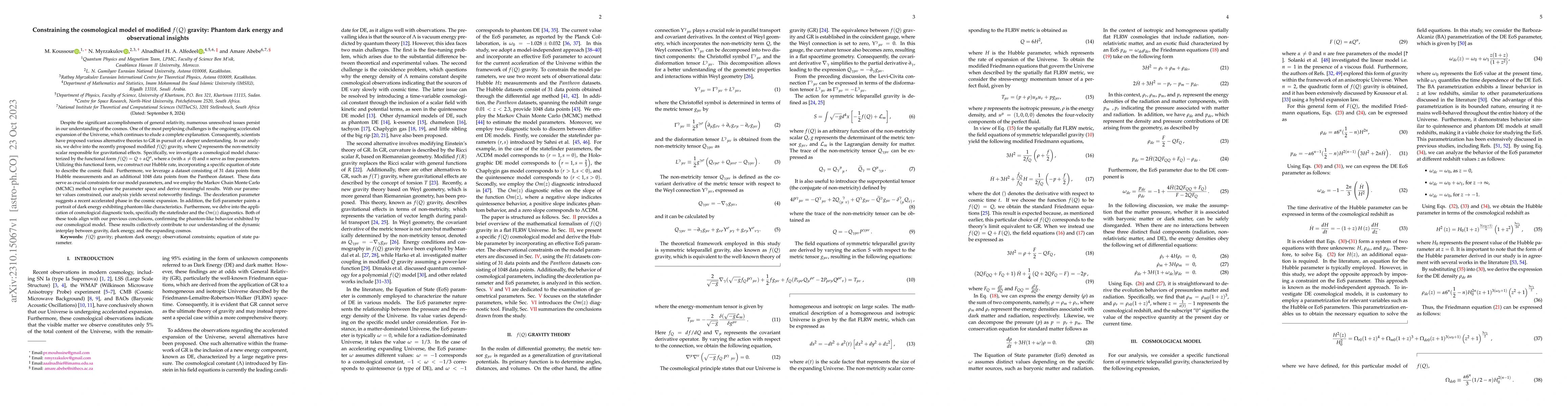 Thumbnail for Constraining the cosmological model of modified $f(Q)$ gravity: Phantom
  dark energy and observational insights
