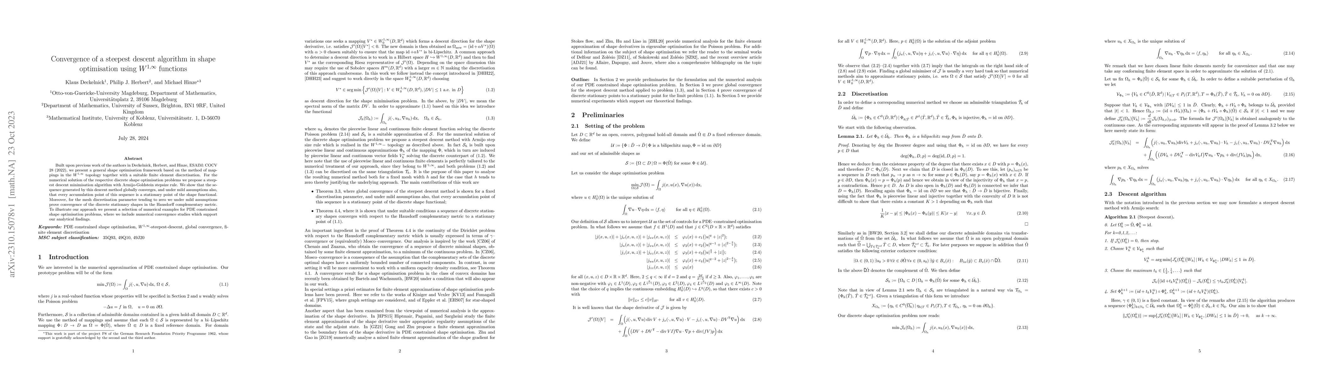 Thumbnail for Convergence of a steepest descent algorithm in shape optimisation using
  $W^{1,\infty}$ functions