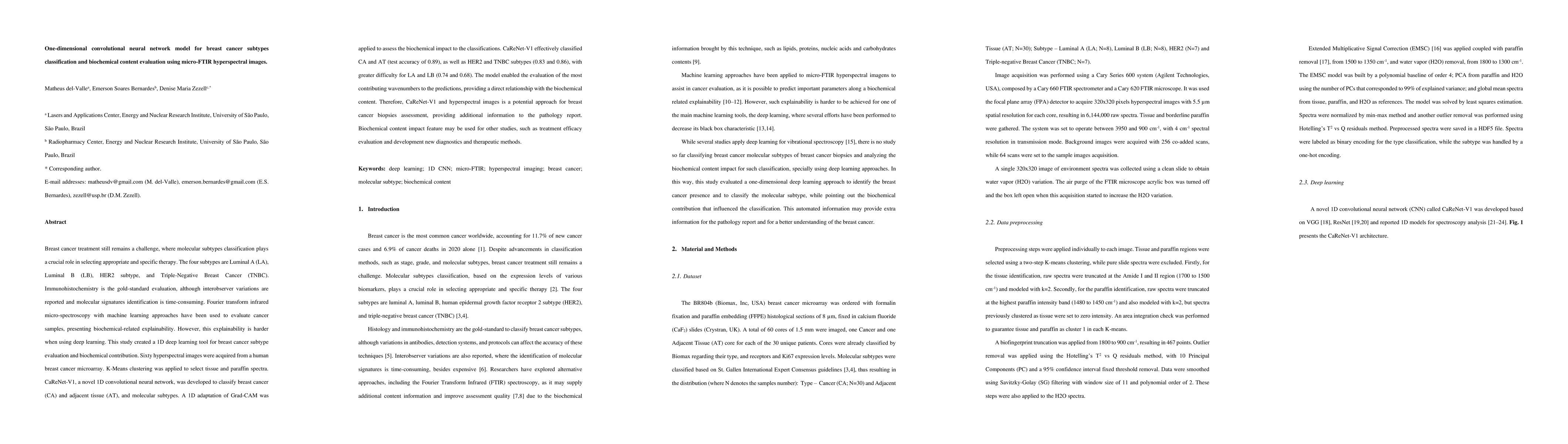 Thumbnail for One-dimensional convolutional neural network model for breast cancer
  subtypes classification and biochemical content evaluation using micro-FTIR
  hyperspectral images