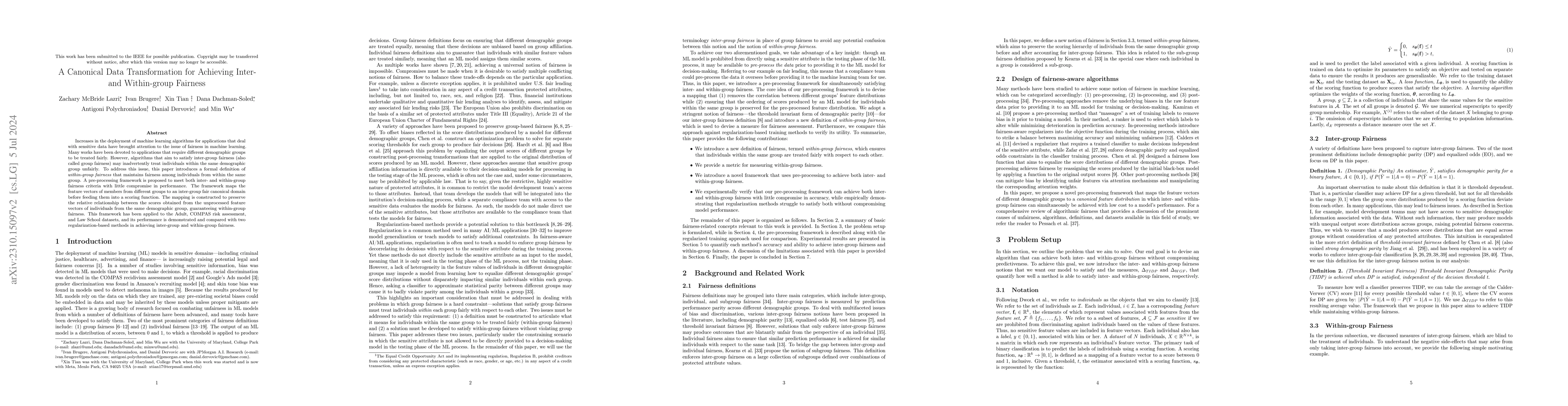 Thumbnail for A Canonical Data Transformation for Achieving Inter- and Within-group
  Fairness